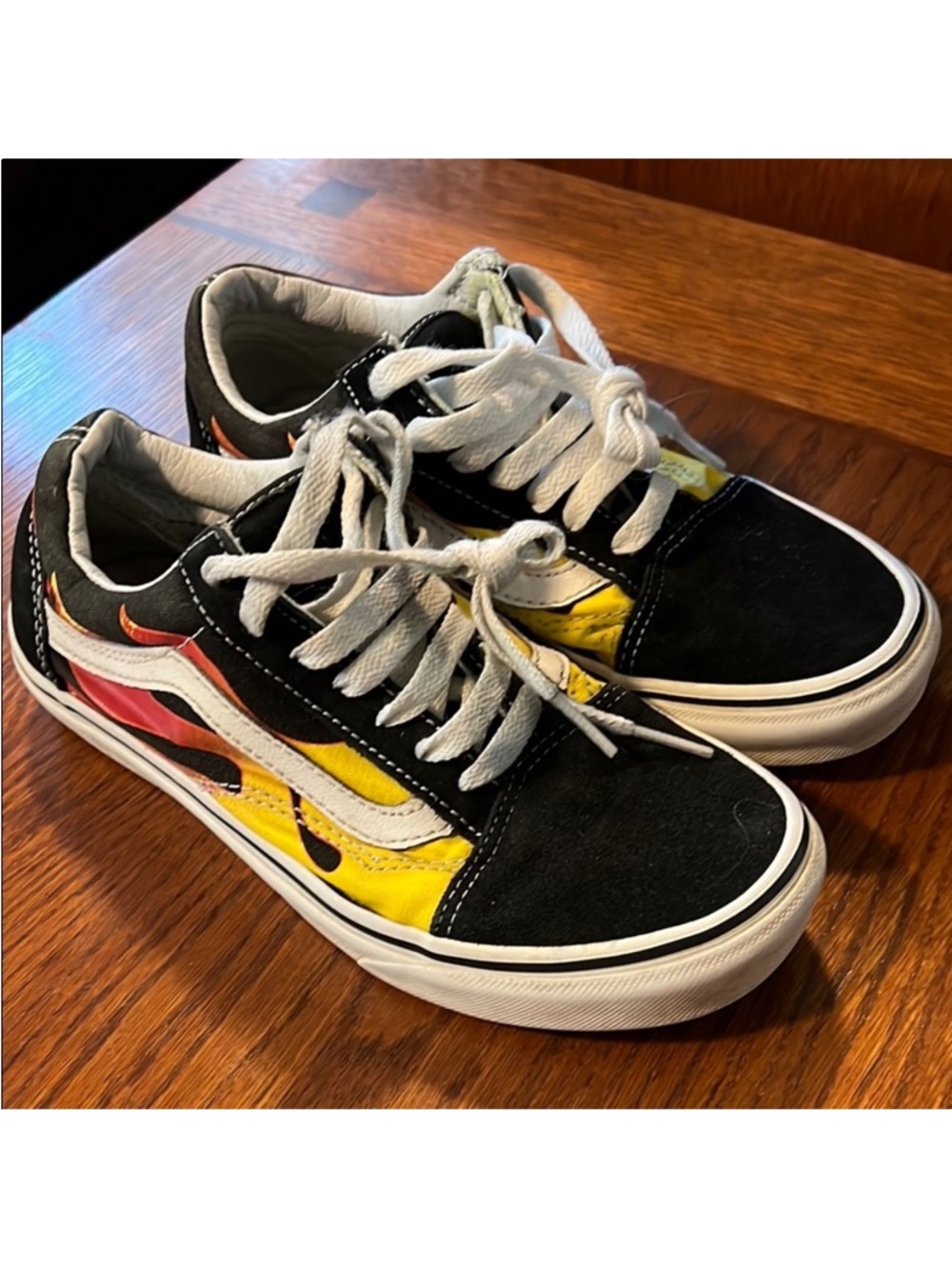 VANS • Women’s Size 5.5 • Black Old Skool with Red/Yellow Flame Detail Sneakers